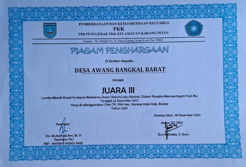 Piagam Juara III Lomba Masak Kreasi Kudapan Labu Kuning Hari Ibu 2021