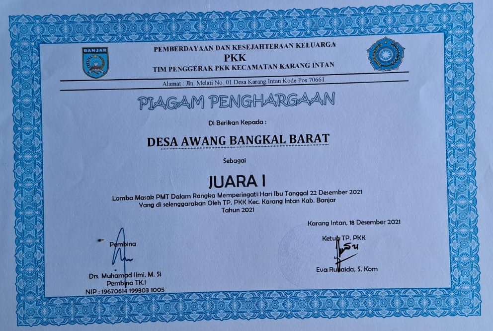 Piagam Juara 1 Lomba Memasak Menu PMT Hari Ibu 2021