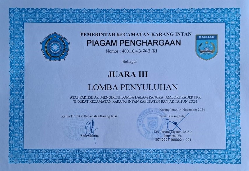 Piagam Juara III Lomba Penyuluhan Jambore Kader PKK Tingkat Kecamatan Karang Intan Tahun 2024